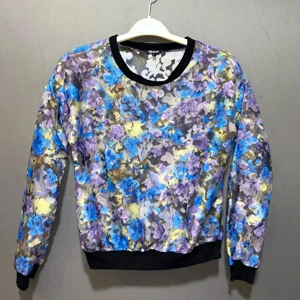 Tildon Women's Blue and Purple Sheer Embroidered Floral‎ Top Size Small